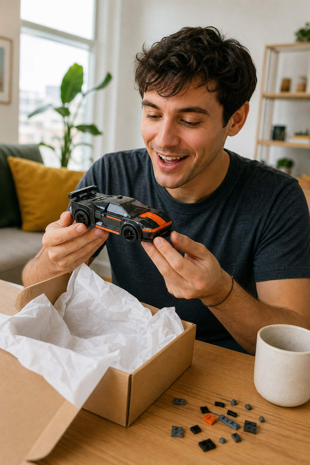 Customer unboxing custom brick car model
