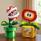 Super Mario Piranha Plant & Fire Flower Building Block – Dual Display Statues with Question Block Base