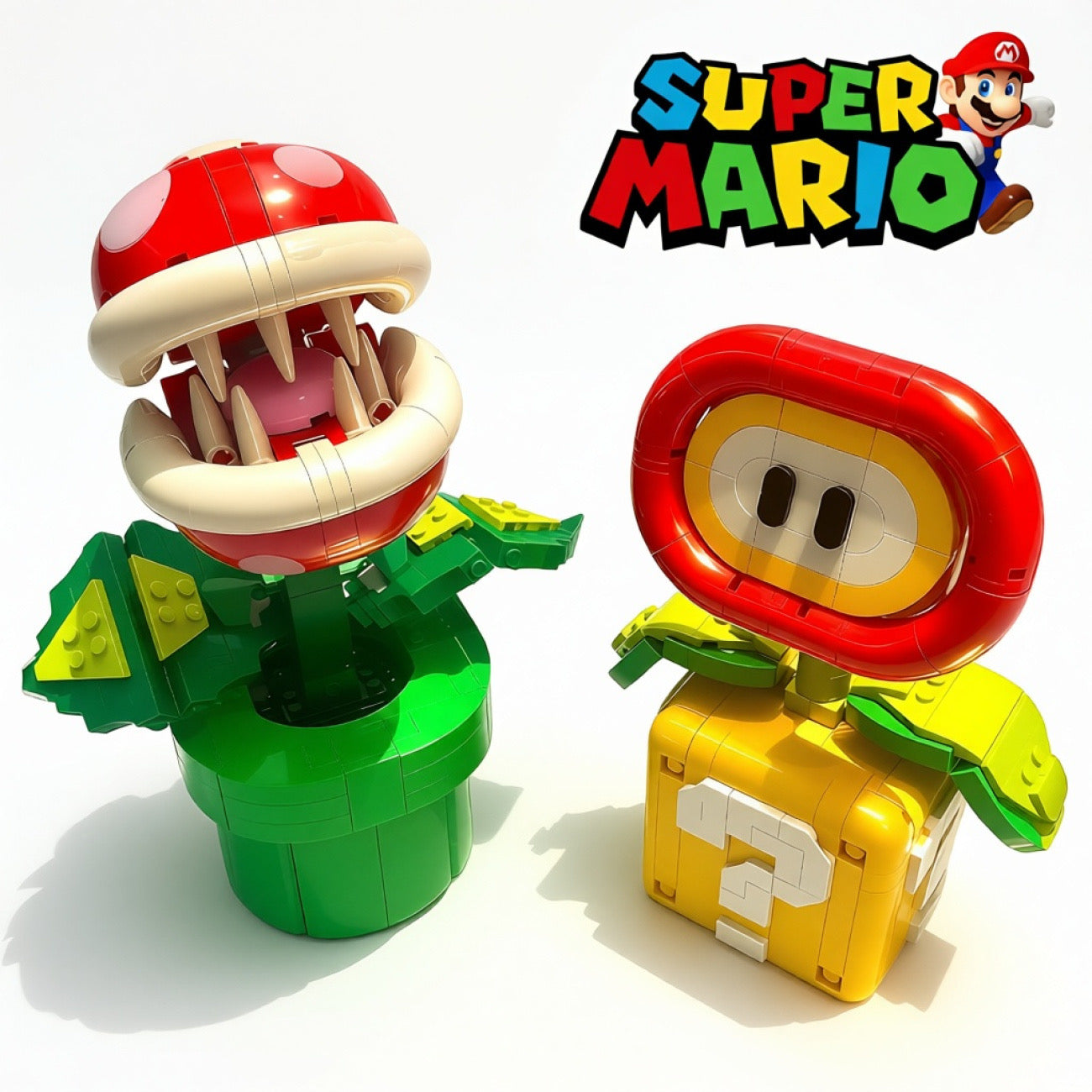 Super Mario Piranha Plant & Fire Flower Building Block – Dual Display Statues with Question Block Base