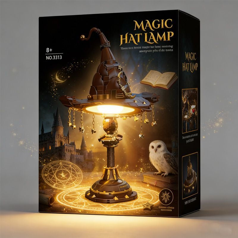 Magic Hat Lamp Building Block Set – Wizard Hat LED Desk Lamp with Gold Chain Star Pendants | 26cm | Ages 8+