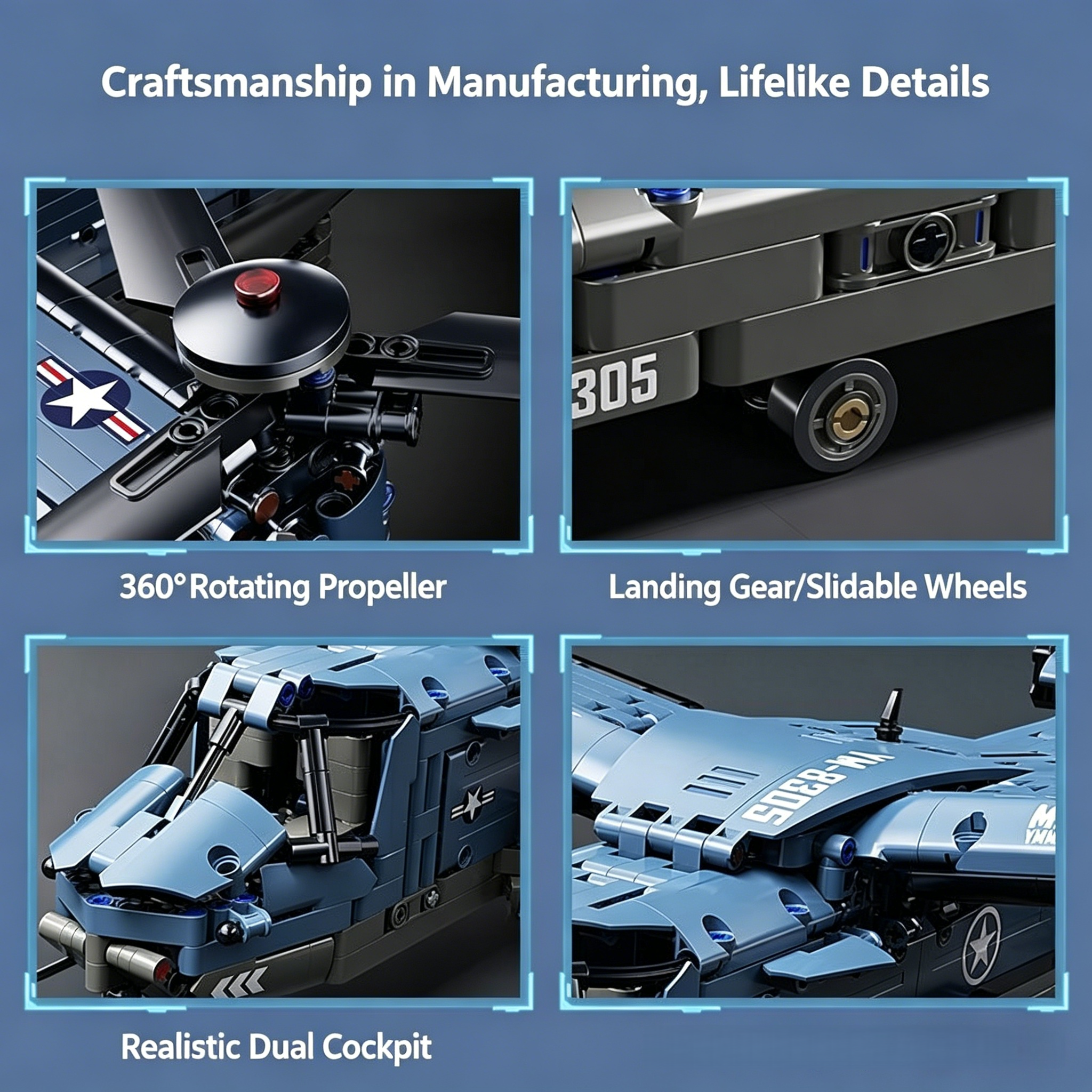 V-22 Osprey Tiltrotor Aircraft Building Block Set – 1480 Pcs | 70.7cm | 360° Rotating Propellers & Sliding Landing Gear