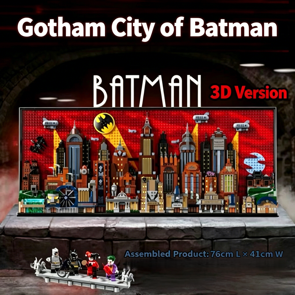 Batman: The Animated Series – Gotham City Skyline Building Block Set | 76cm Wall Display | 4 Minifigures