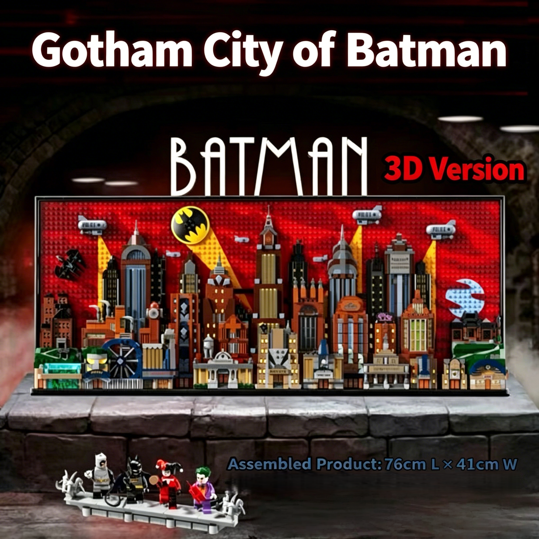 Batman: The Animated Series – Gotham City Skyline Building Block Set | 76cm Wall Display | 4 Minifigures