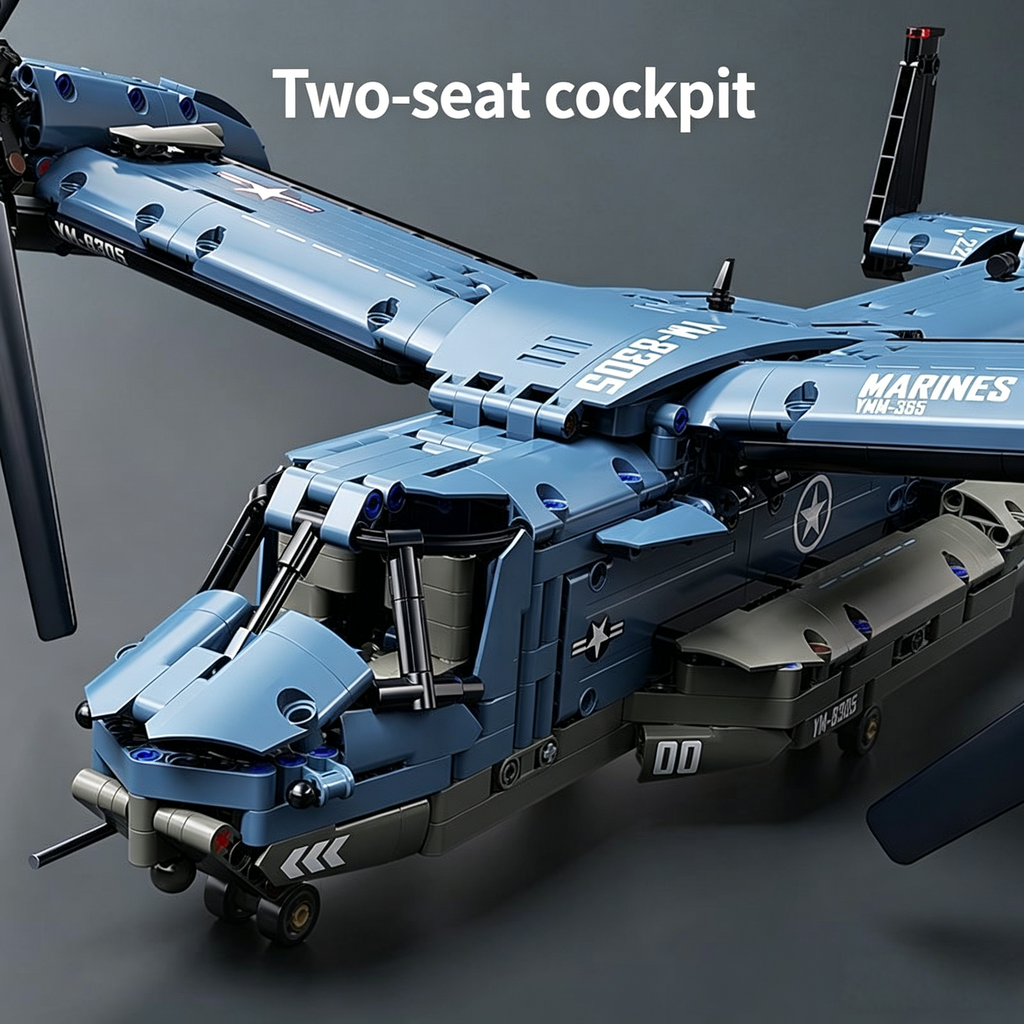 V-22 Osprey Tiltrotor Aircraft Building Block Set – 1480 Pcs | 70.7cm | 360° Rotating Propellers & Sliding Landing Gear