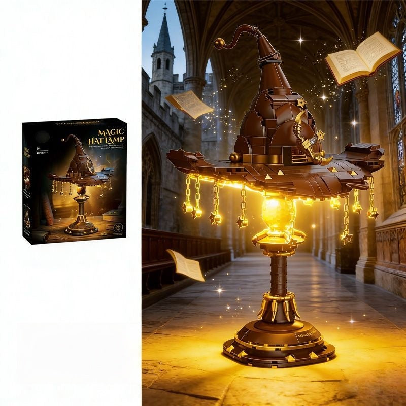 Magic Hat Lamp Building Block Set – Wizard Hat LED Desk Lamp with Gold Chain Star Pendants | 26cm | Ages 8+